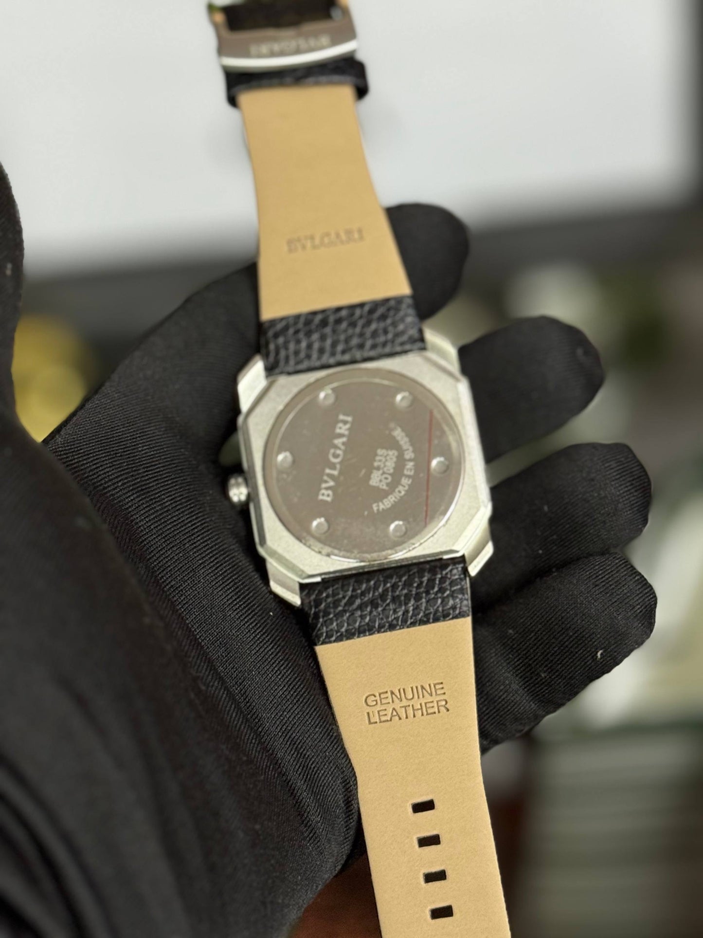 Bvlgari Style Watch – Black Dial, Stainless Steel Case, Black Leather Strap