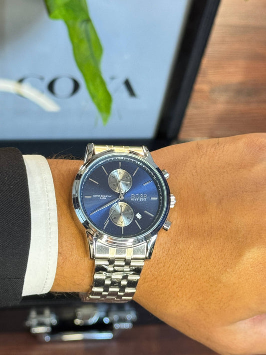 BOSS HUGO BOSS Men’s Chronograph Watch – Blue Dial, Silver Stainless Steel Strap