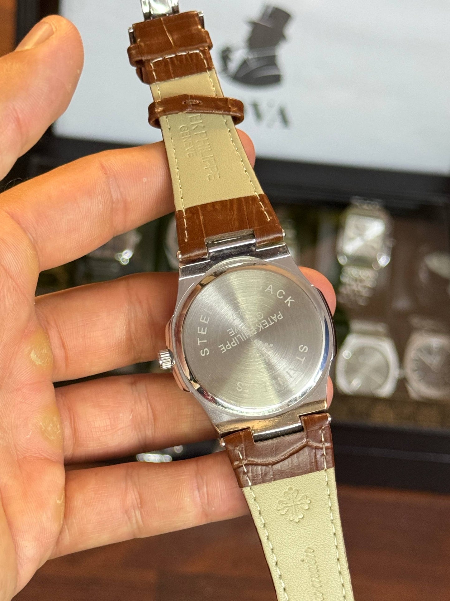Patek Philippe Style Watch – Silver Dial, Stainless Steel Case, Brown Leather Strap