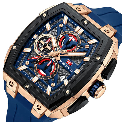 MINI FOCUS Men's Tonneau Chronograph Watch – Blue Dial, Rose Gold Case, Blue Silicone Strap