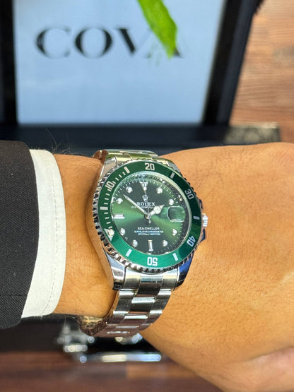 ROLEX OYSTER PERPETUAL SUBMARINER CERAMIC BEZEL WATCH GREEN WITH STAINLESS STEEL SILVER BELT ( OPEN CASE )