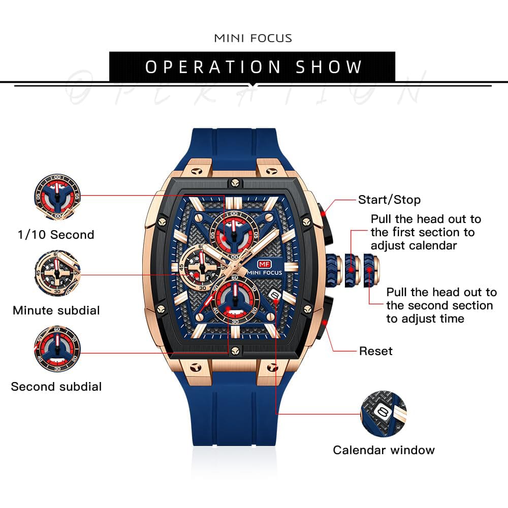 MINI FOCUS Men's Tonneau Chronograph Watch – Blue Dial, Rose Gold Case, Blue Silicone Strap