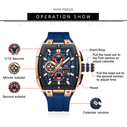MINI FOCUS Men's Tonneau Chronograph Watch – Blue Dial, Rose Gold Case, Blue Silicone Strap