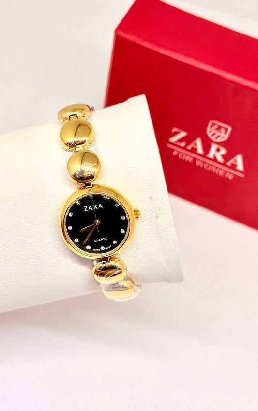 Zara Women's Watch – Black Dial Gold Pebble Bracelet