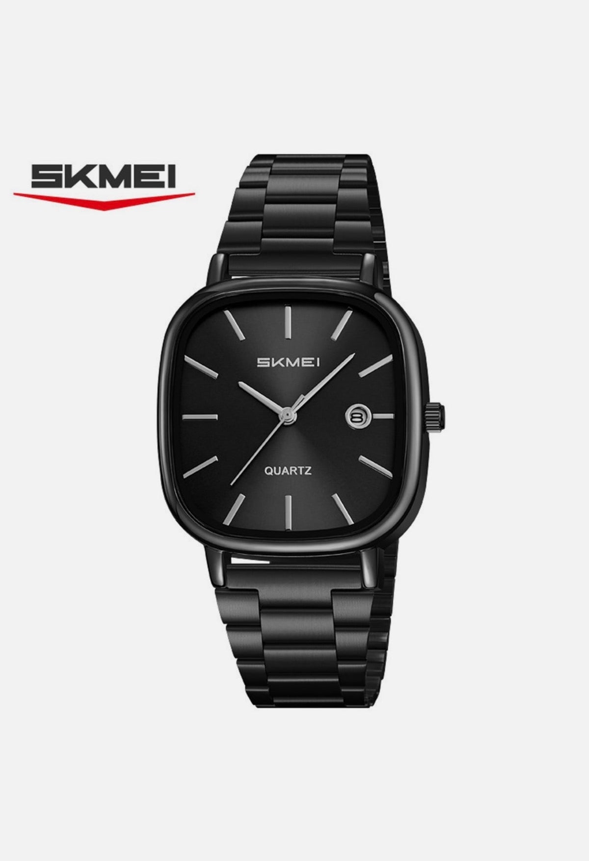 SKMEI Original Men's Square Watch – Black Dial, Black Stainless Steel Bracelet, Date