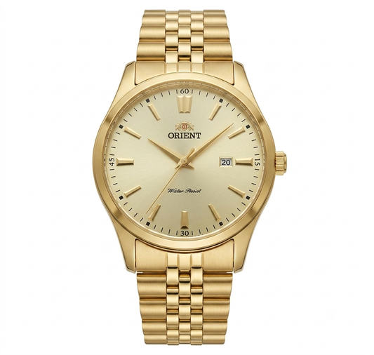 Orient Men's Gold Dress Watch – Champagne Dial Jubilee Bracelet Quartz