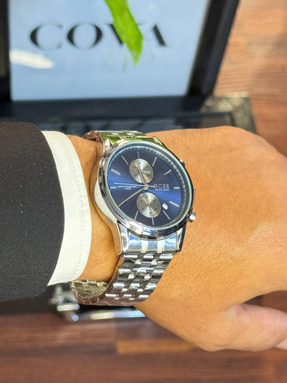 BOSS HUGO BOSS Men’s Chronograph Watch – Blue Dial, Silver Stainless Steel Strap