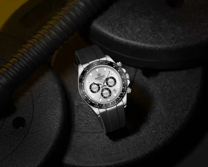 NAVIFORCE Original Men's NF8054 S/W/B -Watch Chronograph Watch – Silver Panda Dial, Black Tachymeter Bezel