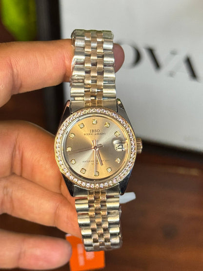 IBSO Women's Watch – Rose Gold Crystal Bezel, Brown Dial, Two-Tone Jubilee Bracelet