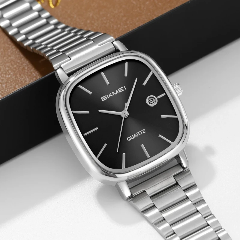 SKMEI Men's Square Watch – Black Dial, Silver Stainless Steel Bracelet, Date
