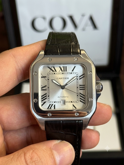Cartier Santos Men's Watch – Roman Dial Black Leather Strap