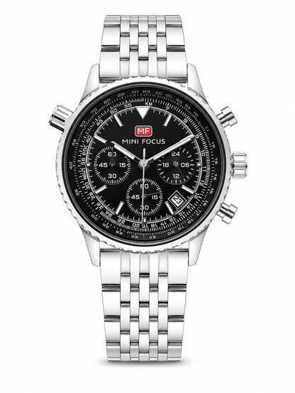 MINI FOCUS Men's Pilot Chronograph Watch – Silver Dial, Slide Rule, Stainless Steel Bracelet