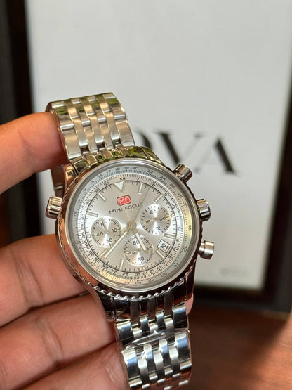 MINI FOCUS Men's Pilot Chronograph Watch – Silver Dial, Slide Rule, Stainless Steel Bracelet