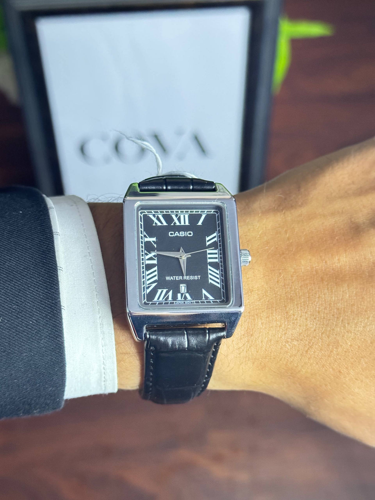 Casio Men's Rectangular Watch – Black Roman Dial, Date, Black Leather Strap