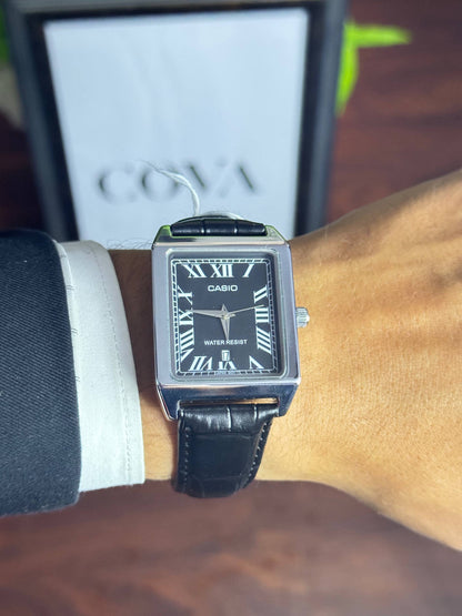 Casio Men's Rectangular Watch – Black Roman Dial, Date, Black Leather Strap