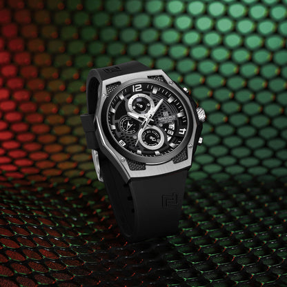 NAVIFORCE NF8051T Men's Chronograph Watch – Silver Case, Black Honeycomb Dial, Black Silicone Strap