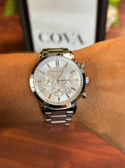 MINI FOCUS Original Men's Chronograph Watch – Silver Dial, Stainless Steel Bracelet