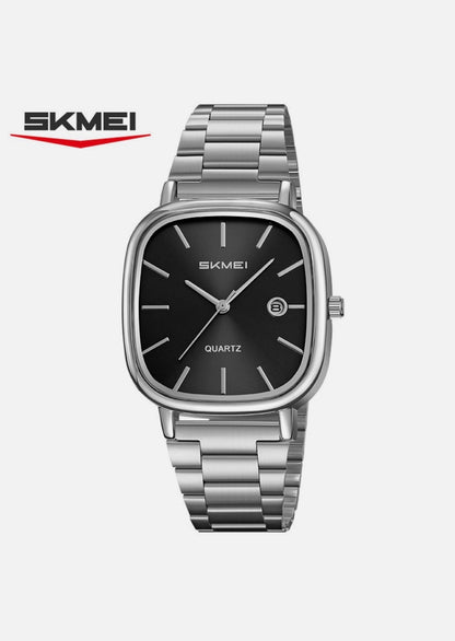 SKMEI Men's Square Watch – Black Dial, Silver Stainless Steel Bracelet, Date