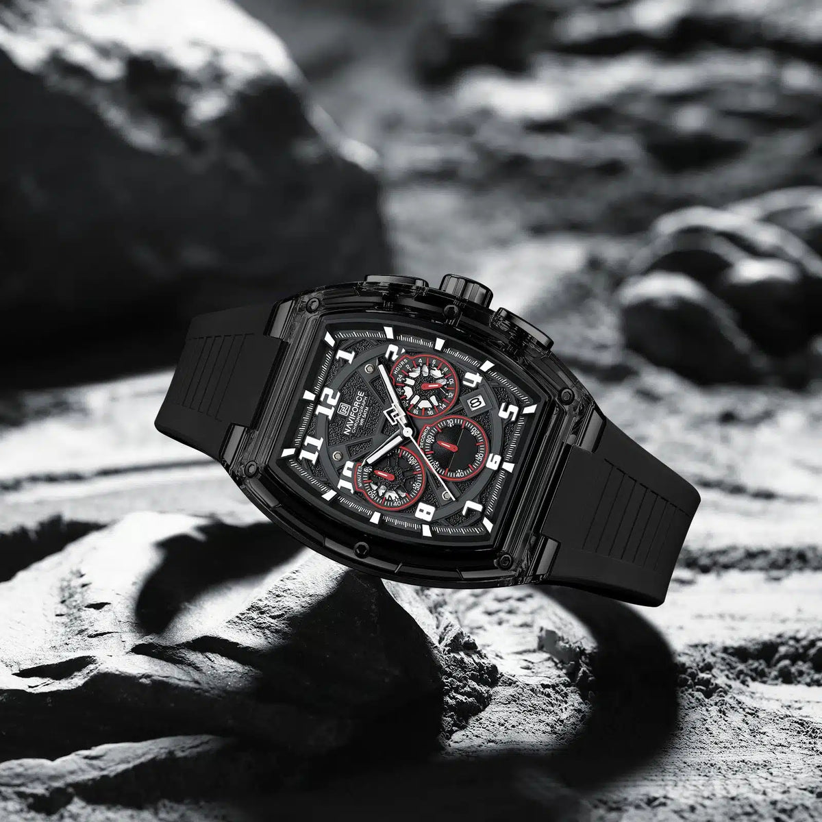 NAVIFORCE NF6118 Performance Chronograph Watch – Black Tonneau, Red Accents, Black Silicone Strap