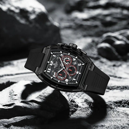 NAVIFORCE NF6118 Performance Chronograph Watch – Black Tonneau, Red Accents, Black Silicone Strap