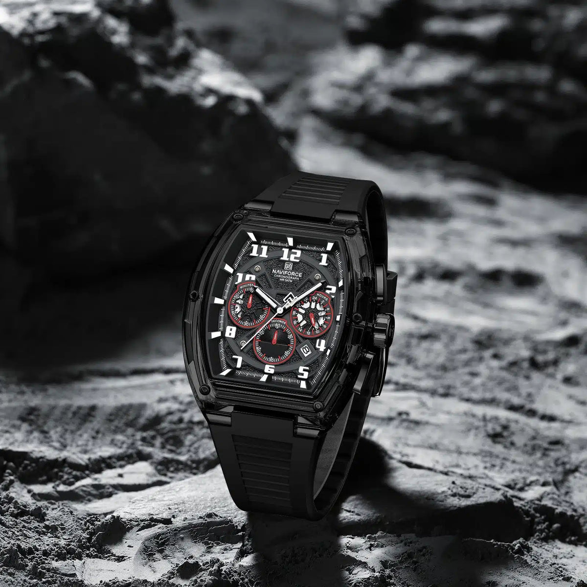 NAVIFORCE NF6118 Performance Chronograph Watch – Black Tonneau, Red Accents, Black Silicone Strap