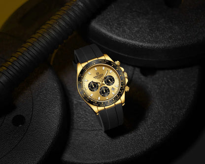 NAVIFORCE NF8054 G/G/B Men
Watch – Gold Case, Black Tachymeter Bezel, Black Silicone Strap