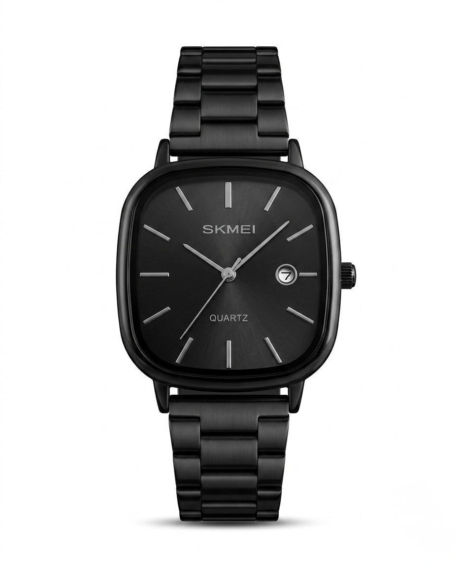 SKMEI Original Men's Square Watch – Black Dial, Black Stainless Steel Bracelet, Date
