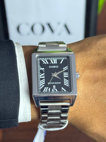 Casio Style Men's Rectangular Watch – Black Roman Dial, Date, Stainless Steel Bracelet
