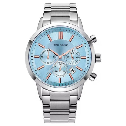 MINI FOCUS Men's Chronograph Watch – Ice Blue Dial, Rose Gold Markers, Stainless Steel Bracelet