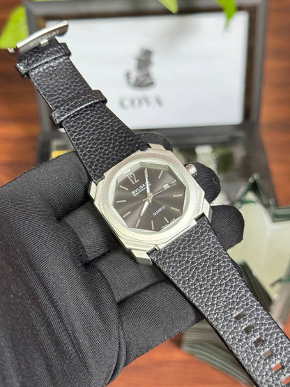 Bvlgari Style Watch – Black Dial, Stainless Steel Case, Black Leather Strap