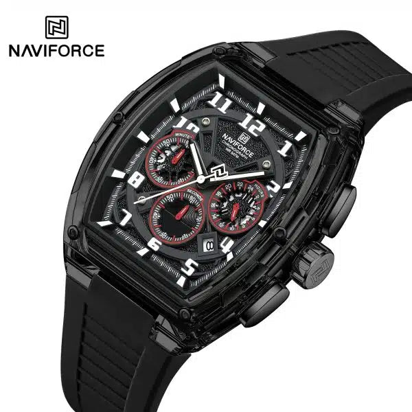 NAVIFORCE NF6118 Performance Chronograph Watch – Black Tonneau, Red Accents, Black Silicone Strap