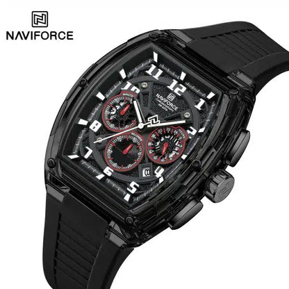 NAVIFORCE NF6118 Performance Chronograph Watch – Black Tonneau, Red Accents, Black Silicone Strap