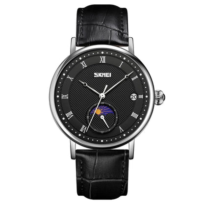 SKMEI Moon Phase Watch for Men – Roman Numeral Leather Quartz Watch