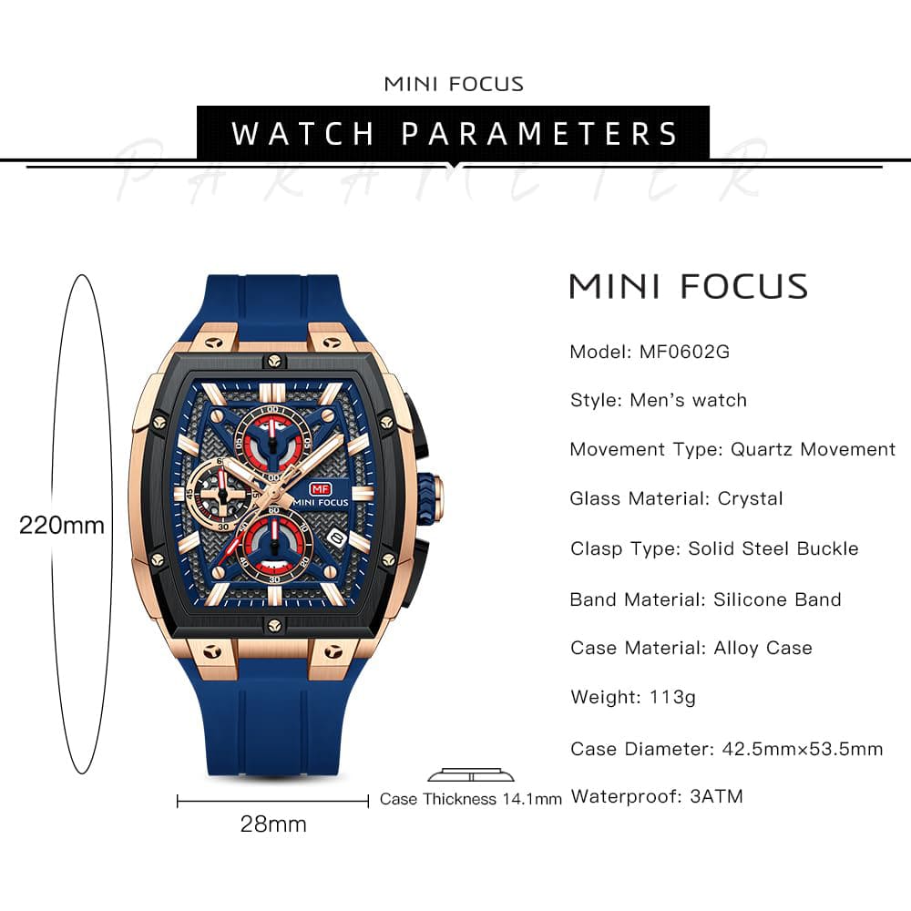 MINI FOCUS Men's Tonneau Chronograph Watch – Blue Dial, Rose Gold Case, Blue Silicone Strap