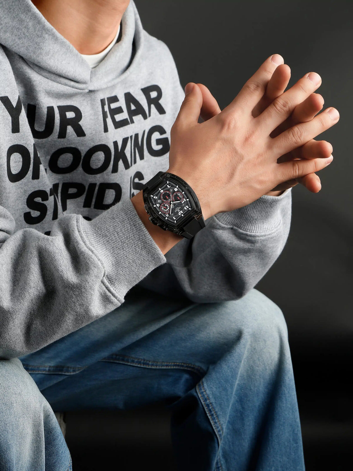 NAVIFORCE NF6118 Performance Chronograph Watch – Black Tonneau, Red Accents, Black Silicone Strap
