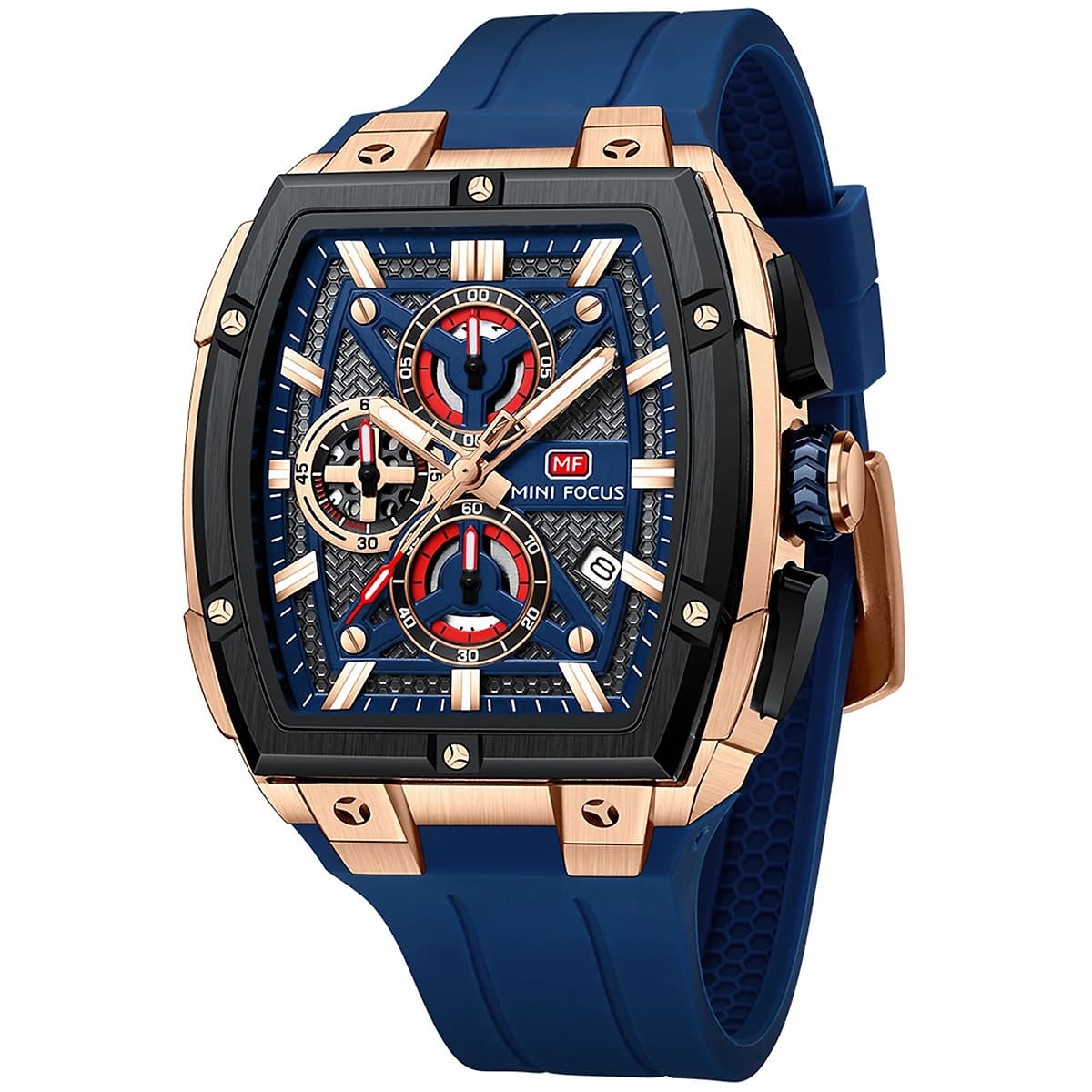MINI FOCUS Men's Tonneau Chronograph Watch – Blue Dial, Rose Gold Case, Blue Silicone Strap
