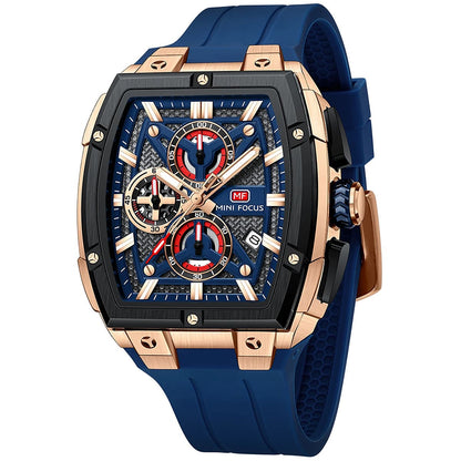 MINI FOCUS Men's Tonneau Chronograph Watch – Blue Dial, Rose Gold Case, Blue Silicone Strap