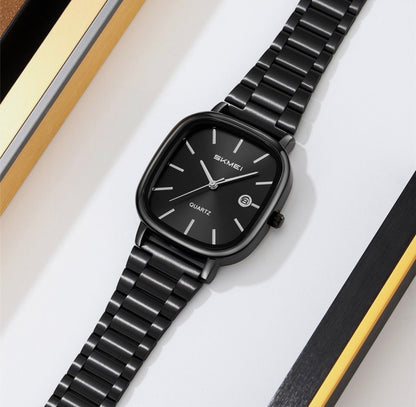 SKMEI Original Men's Square Watch – Black Dial, Black Stainless Steel Bracelet, Date