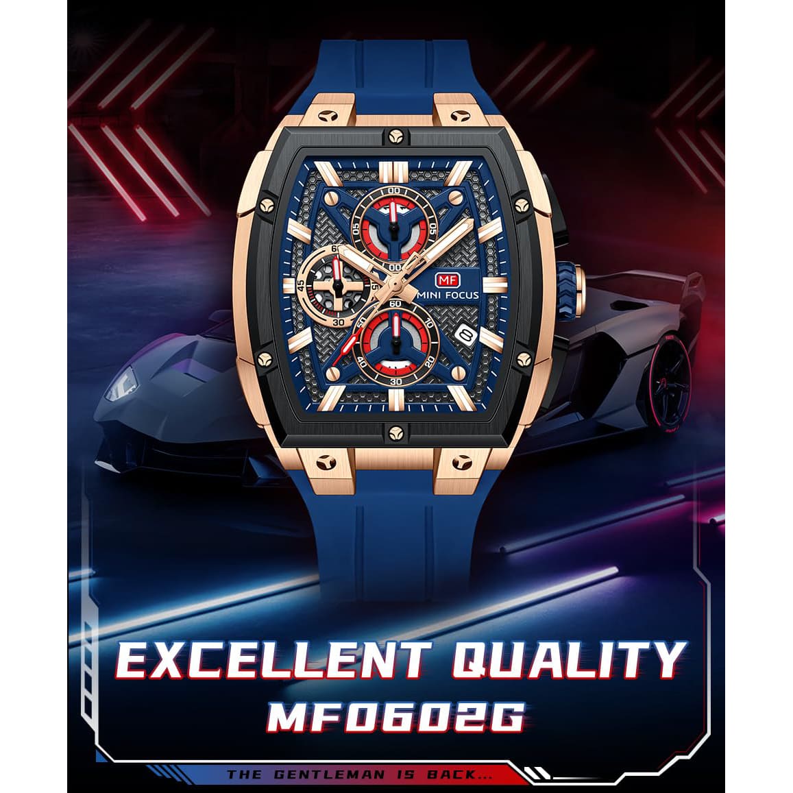 MINI FOCUS Men's Tonneau Chronograph Watch – Blue Dial, Rose Gold Case, Blue Silicone Strap