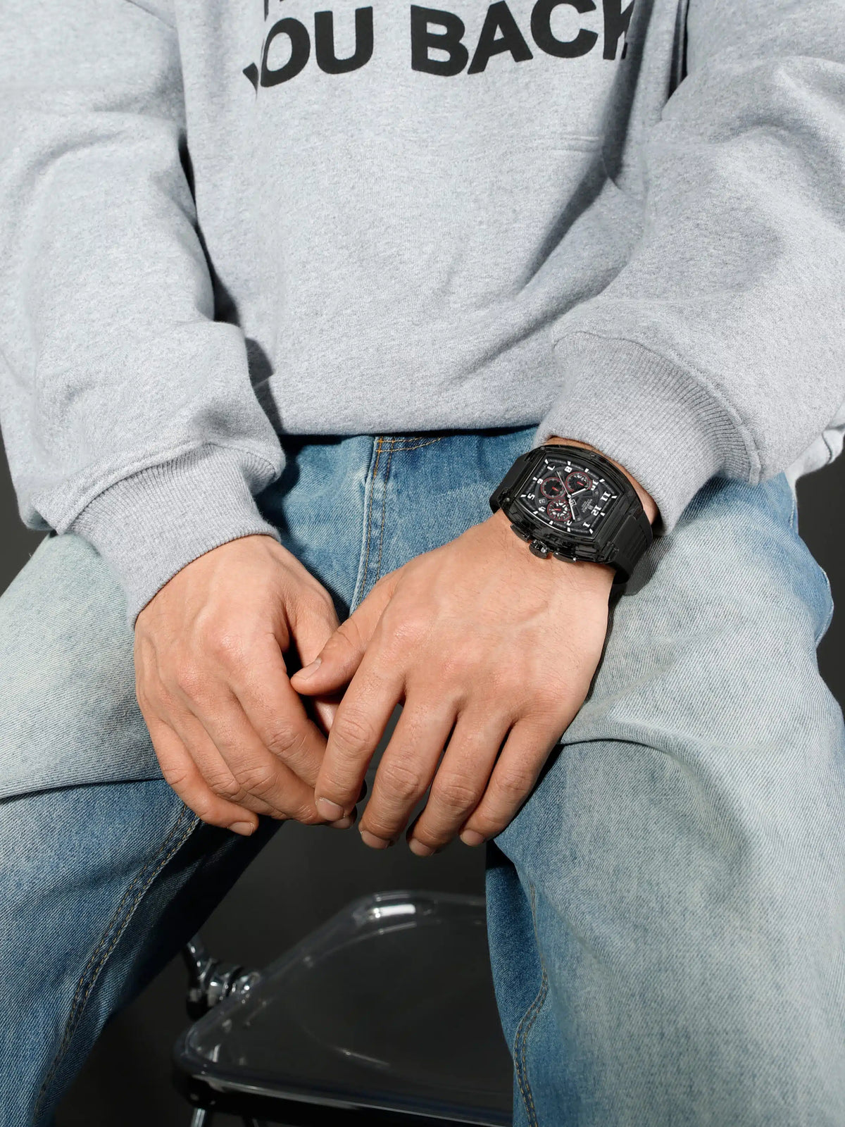 NAVIFORCE NF6118 Performance Chronograph Watch – Black Tonneau, Red Accents, Black Silicone Strap