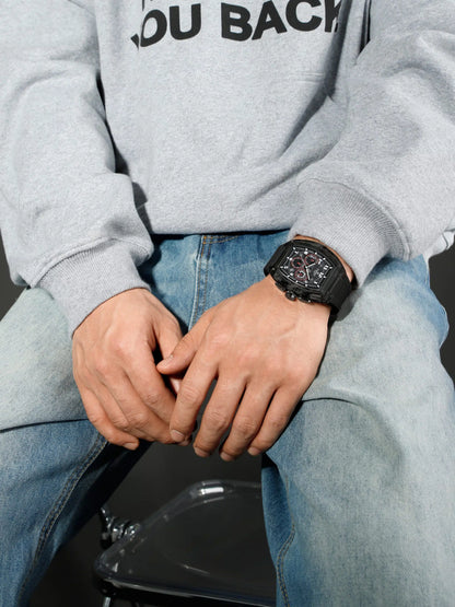 NAVIFORCE NF6118 Performance Chronograph Watch – Black Tonneau, Red Accents, Black Silicone Strap