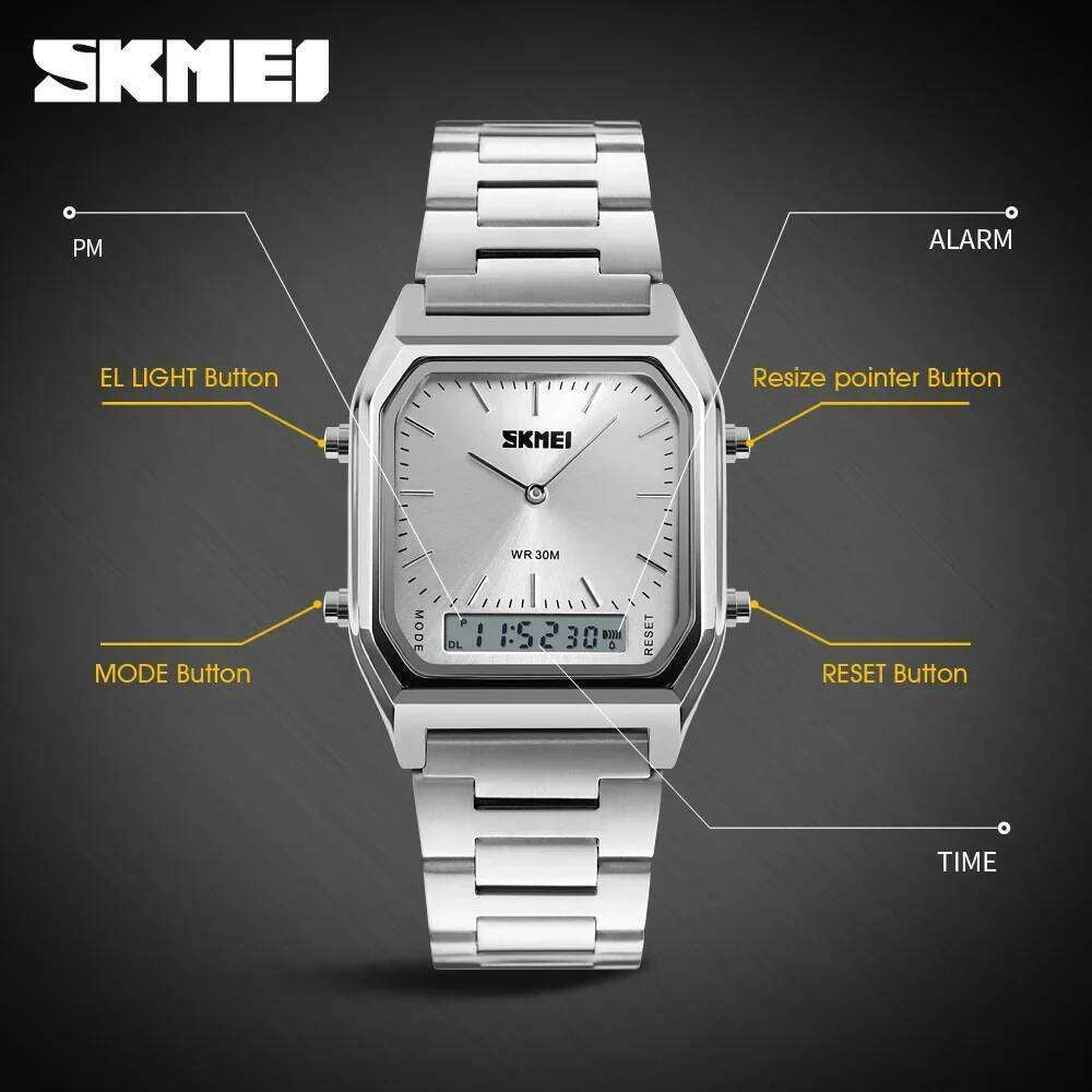 SKMEI 1220 Original Classic Square Watch – Black Stainless Steel, Analog-Digital Dual Display