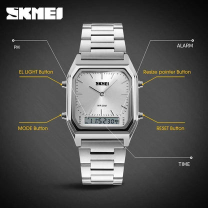 SKMEI 1220 Original Classic Square Watch – Black Stainless Steel, Analog-Digital Dual Display