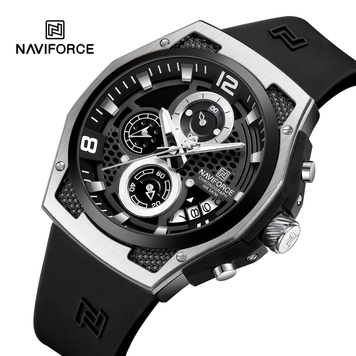 NAVIFORCE NF8051T Men's Chronograph Watch – Silver Case, Black Honeycomb Dial, Black Silicone Strap