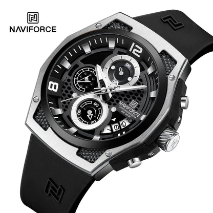 NAVIFORCE NF8051T Men's Chronograph Watch – Silver Case, Black Honeycomb Dial, Black Silicone Strap