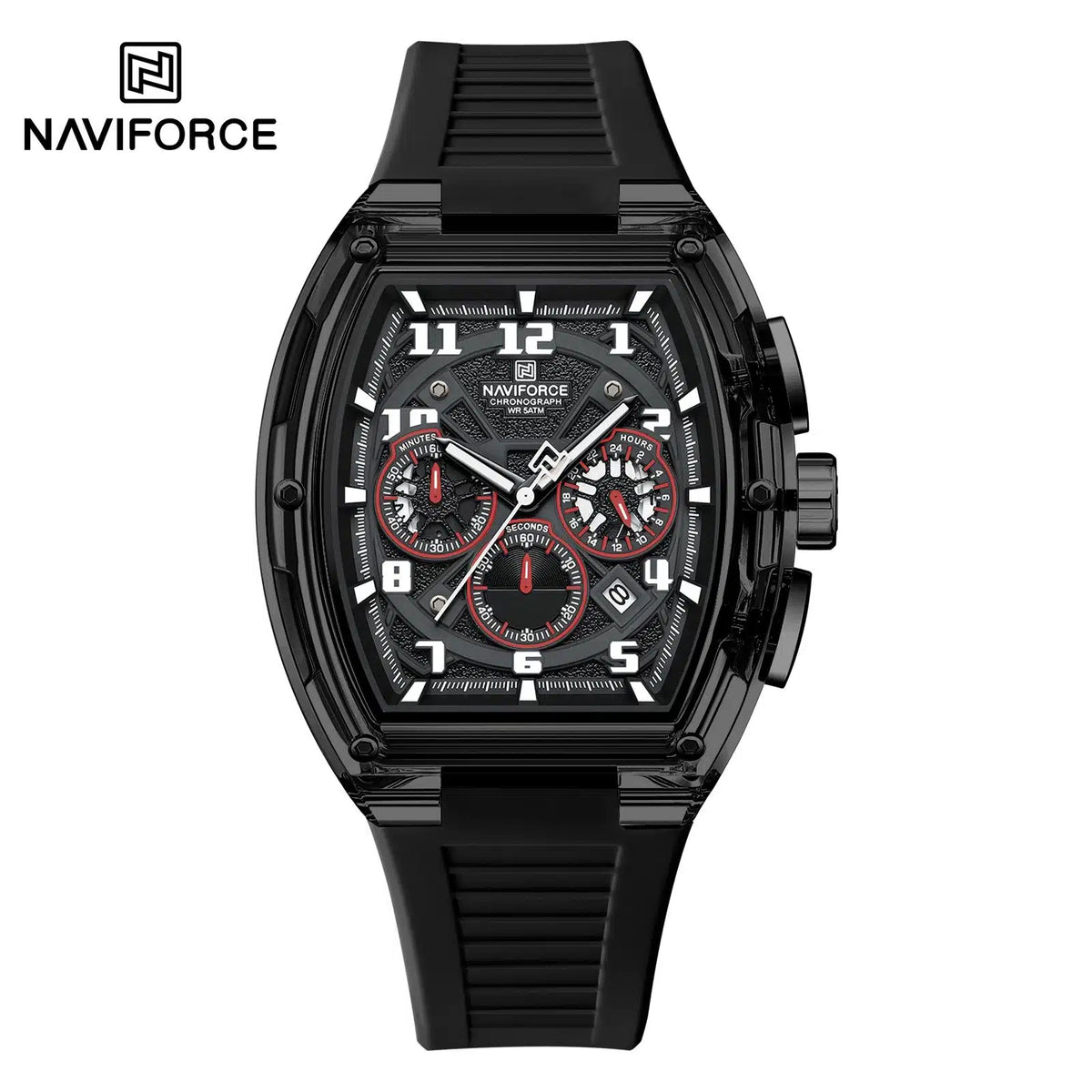 NAVIFORCE NF6118 Performance Chronograph Watch – Black Tonneau, Red Accents, Black Silicone Strap