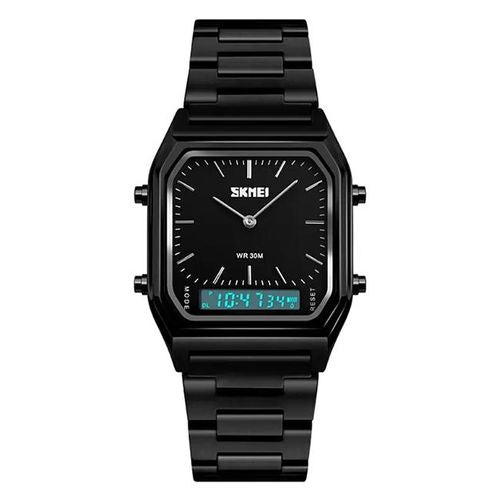 SKMEI 1220 Original Classic Square Watch – Black Stainless Steel, Analog-Digital Dual Display