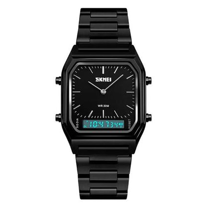 SKMEI 1220 Original Classic Square Watch – Black Stainless Steel, Analog-Digital Dual Display
