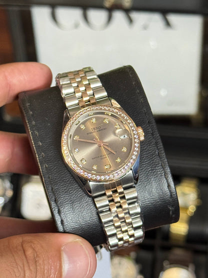 IBSO Women's Watch – Rose Gold Crystal Bezel, Brown Dial, Two-Tone Jubilee Bracelet
