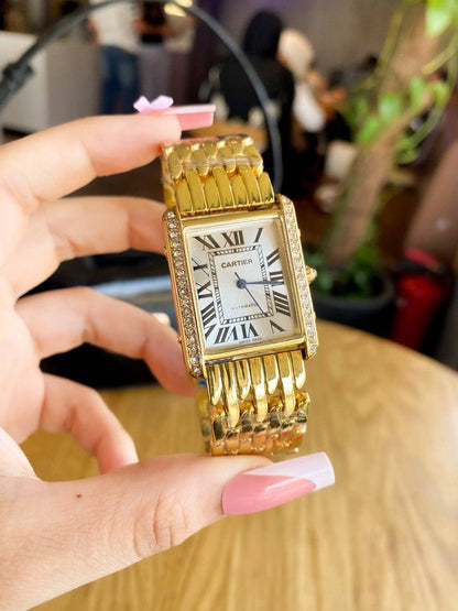 Cartier Style Watch – Silver & Gold, Roman Dial, Stainless Steel Bracelet